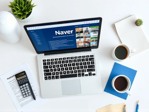 A detailed top-down view of a modern desk with a laptop displaying the Naver Smartstore center interface, alongside business documents, a calculator, and a coffee cup, illustrating online business setup. Focus on clarity and organization.