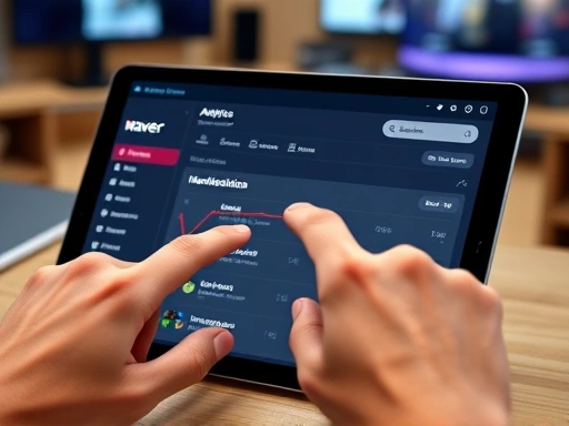 Close-up view of a hand interacting with the Naver TV Studio dashboard on a tablet, showing analytics and monetization settings, with a blurred background of a workspace. Clean, crisp, focused detail.
