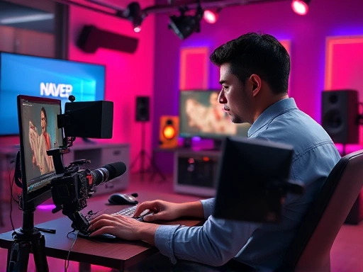 A creative person working on a video editing project for Naver TV, surrounded by modern tech gadgets and a vibrant studio background, focusing on monetization strategies. Highly detailed, professional, digital art.