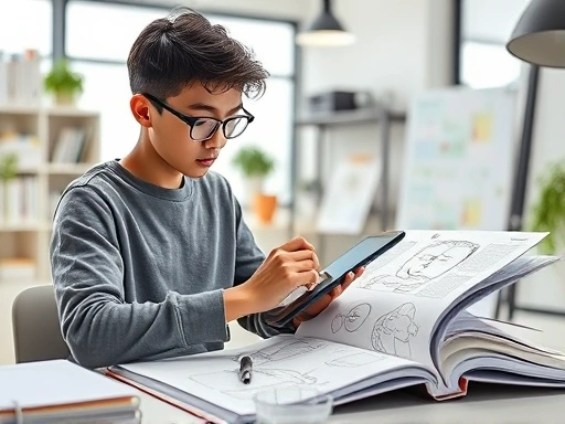 A diligent young artist sketching a webtoon on a digital tablet in a brightly lit, modern studio, surrounded by webtoon reference books and a character design sheet. The scene is inspiring and focused, conveying dedication to webtoon creation.
