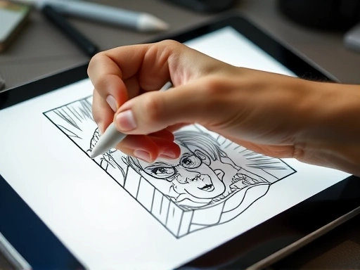 A close-up shot of a hand using a stylus on a digital tablet, specifically showing a webtoon panel being drawn, with intricate details of line art and color. The focus is on the creative process and digital tools for webtoon drawing.