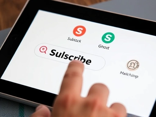 Close-up of a hand clicking on a 'subscribe' button on a tablet screen, showing various icons representing newsletter platforms like Substack, Ghost, and Mailchimp, emphasizing the choice and action.