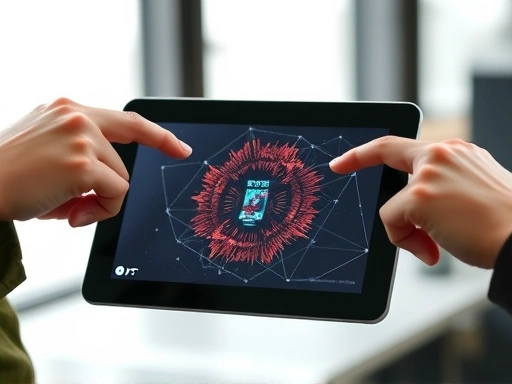 A close-up shot of hands pointing at an NFT artwork displayed on a tablet, showcasing intricate details of digital art and a focused discussion, embodying the curator's role.