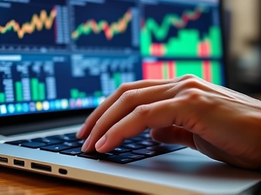 Close-up view of a hand typing on a laptop keyboard, with financial charts and data on the screen, emphasizing the detail and precision involved in online accounting tasks and financial analysis.