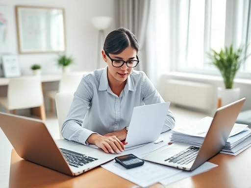 A professional working on a laptop at home, surrounded by neatly organized accounting documents and a calculator, illustrating efficient online accounting services. Bright and clean setup.