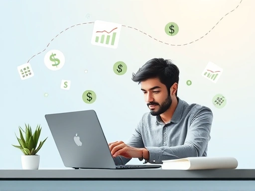 A person diligently working on a laptop, surrounded by floating calculator icons and graphs, symbolizing online ad revenue generation. The scene is bright and optimistic, with a focus on digital growth and passive income.