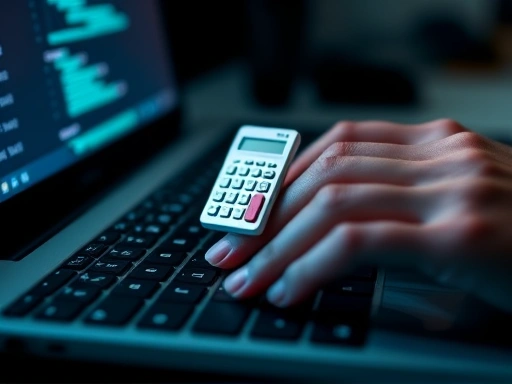 Close-up of hands typing on a keyboard, with a small calculator icon overlaying the screen, demonstrating the practical steps of building and monetizing an online calculator website. Focus on detail and actionable content.