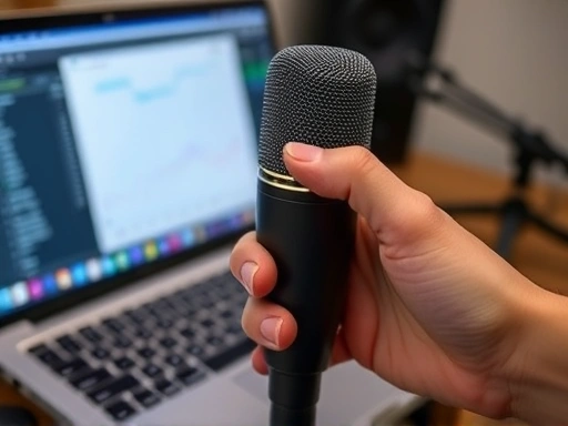 A close-up shot of a hand holding a microphone near a laptop, with a blurred background showing recording equipment or a clean workspace, illustrating the act of creating high-quality online course content with attention to audio detail.
