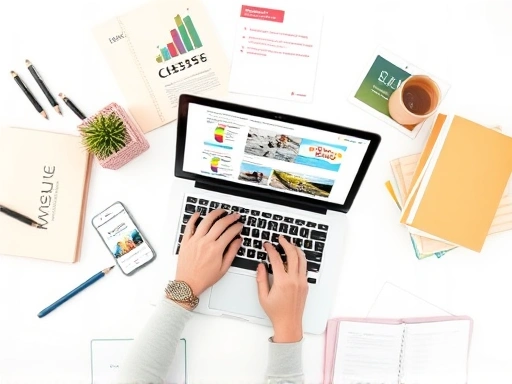 A person actively creating digital content on a laptop, surrounded by educational materials, symbolizing online course creation for passive income, with a bright and clean environment.