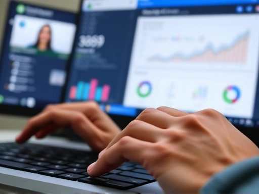 Close-up of hands typing on a keyboard, with a blurred screen showing online course platform interface and marketing analytics, representing the detailed process of online course management and strategy.