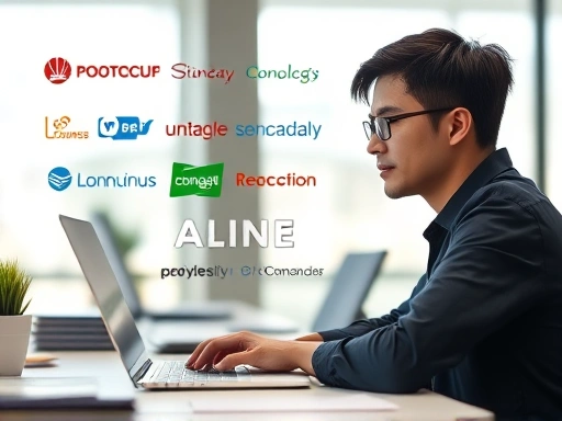 A focused image of a person at a desk, looking confidently at a laptop screen, with various online course platform logos subtly visible on the screen or as a blurred background, emphasizing selection and digital presence. The scene is brightly lit, showing a modern, professional setup.