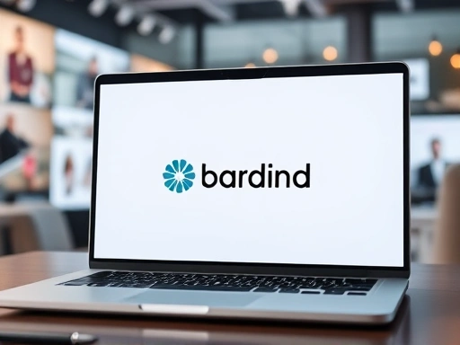 A modern, sophisticated brand logo displayed prominently on a laptop screen, with a blurred background showing various online shopping interfaces, symbolizing digital brand launch and e-commerce expansion in a stylish, professional setting.