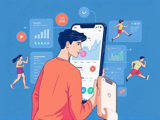A detailed, modern illustration showing a user interacting with a fitness app on a smartphone, with various fitness activities and data visualizations in the background, representing the development process and user experience. Soft, vibrant colors, clean lines, and a futuristic feel.
