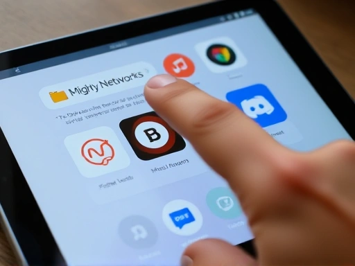 Close-up of a hand pointing at different online community platforms on a tablet screen, showing various icons and interfaces like Mighty Networks, Circle, Discord, and a payment icon.