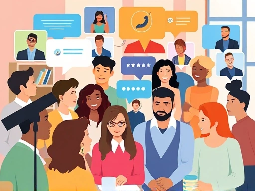 A diverse group of people engaging in an online forum with chat bubbles and video call icons, representing a vibrant digital community. The scene should convey collaboration and connection.