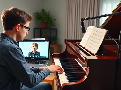 A professional piano teacher interacting with a young student on a laptop screen during an online piano lesson, showing a well-lit home studio setup with a grand piano and microphone, conveying an atmosphere of focused learning and musical talent monetization.