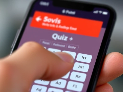 Close-up of a hand clicking on a mobile quiz interface, with a subtle ad banner visible, symbolizing user engagement and ad revenue on a smartphone. Focus on the interaction and clear display.