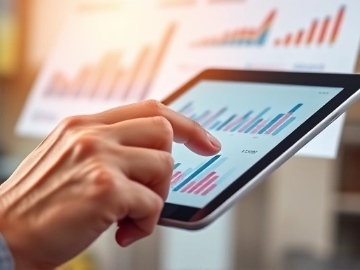 Close-up of a hand using a tablet to analyze sales data charts, with abstract elements representing growth and strategic planning for online store sales.