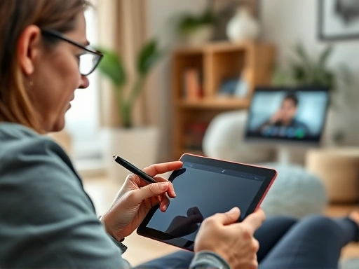 A tutor using a digital pen on a tablet, explaining concepts to a student visible on a video call, showing interaction and modern learning tools, with a blurred background of a cozy home office setup, focusing on the tutor's engaging expression, incorporating keywords like 