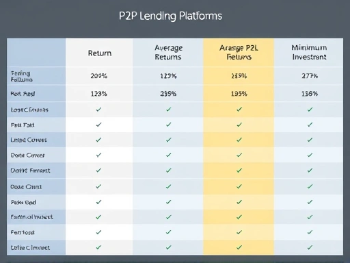 A detailed comparison table showing different P2P lending platforms, their average returns, minimum investment, and risk factors, with data visualization elements.