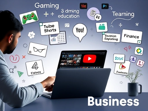 A dynamic image of a person editing YouTube Shorts on a laptop, surrounded by diverse content ideas like gaming, education, and finance, reflecting the business aspect.