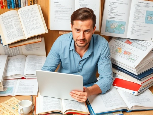 A person confidently working on a laptop, a coffee cup beside them, surrounded by books and documents from different languages, representing a successful translation side hustle for extra income.