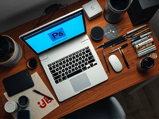A detailed top-down view of a designer's desk with a laptop displaying Adobe Photoshop, a graphic tablet, and various art supplies, reflecting focus and creativity for logo design. Key SEO words: Photoshop, logo design, workspace, creative. 