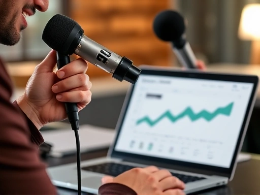 Close-up of a podcast host holding a microphone during an engaging interview, with a laptop showing analytics in the background, symbolizing the process of acquiring sponsorships and audience engagement.