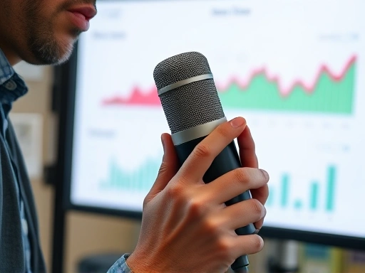 Close-up of a podcaster speaking into a microphone with advertising analytics data visible on a screen in the background, illustrating the integration of content creation and monetization. Focus on hands and microphone, with subtle digital elements.