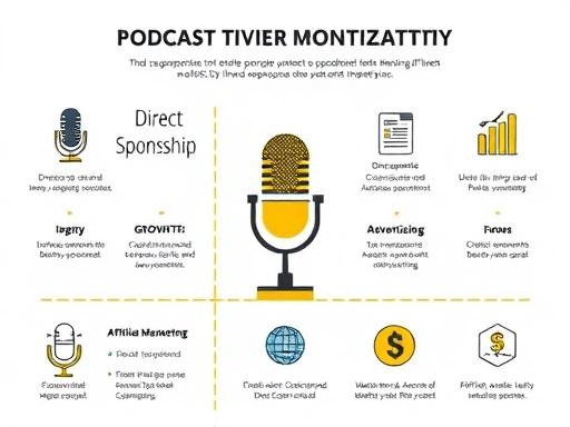 A detailed illustration of various podcast monetization strategies, including direct sponsorships, programmatic advertising, and affiliate marketing, with icons representing growth and income. Bright, professional, and informative.