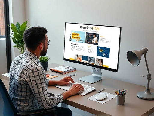 A professional working on a sleek PowerPoint template on a modern desk setup, with design elements and a computer screen showing presentation software. Focus on creativity and expertise.