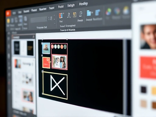 Close-up view of a PowerPoint slide master interface on a computer screen, showing various layout options and design elements being edited, emphasizing precision and control.