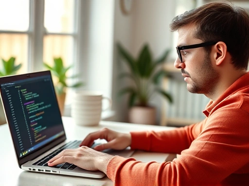 A person with glasses teaching coding on a laptop, with code snippets on screen, in a well-lit, modern home office. Focus on the learning process, programming concepts, and engaging interaction. Use of warm, inviting colors and a clean, organized environment. SEO keywords: programming tutoring, coding side hustle, online learning, developer.