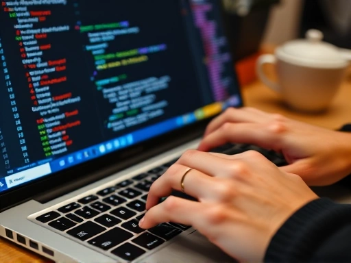 Close-up of a person's hands typing on a laptop keyboard, with Python code snippets related to automation scripts visible on the screen, emphasizing the practical development aspect of the side hustle.