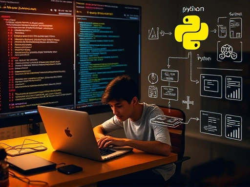 A person diligently working on a laptop, surrounded by lines of Python code and diagrams of automated processes, illustrating efficiency and side hustle potential, with a warm, productive atmosphere.