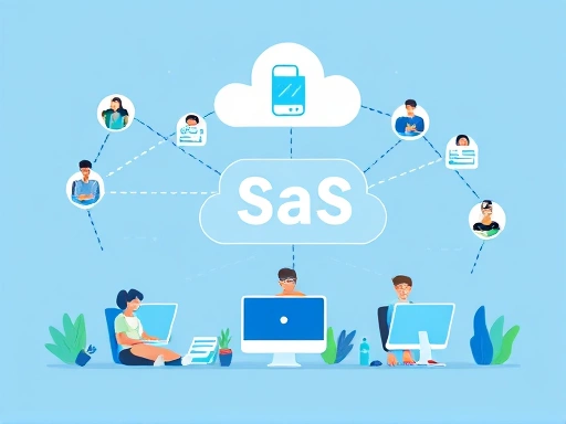 A professional illustration of a team collaborating on a cloud-based software development project, showing diverse people and computers connected by lines, symbolizing SaaS architecture and collaborative development, in a modern, clean style with blue and green accents.