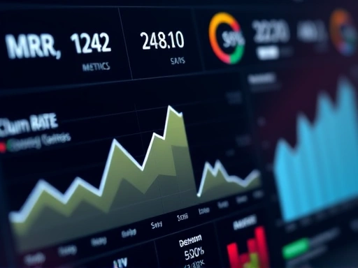 A close-up, detailed shot of a digital dashboard displaying various SaaS metrics such as MRR, Churn Rate, and LTV, with growth charts and data visualization elements, emphasizing data-driven decision-making and revenue generation.