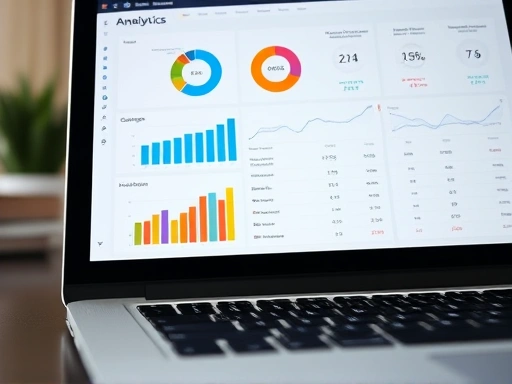 Close-up of a laptop screen displaying advanced SEO analytics dashboard with various graphs and metrics, showing clear performance improvements and strategic insights, professional data visualization.
