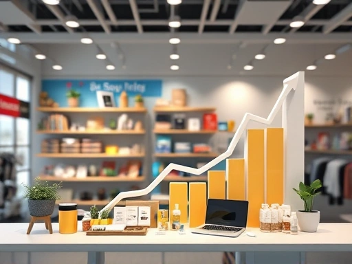 A visually appealing image representing a successful business expansion, with diverse products on display and a growth chart, symbolizing digital commerce and partnership. Focus on a modern, clean aesthetic.