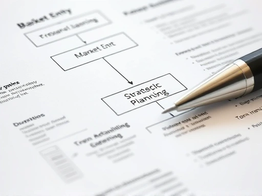 A detailed close-up shot of a well-organized flow chart or a business plan document, highlighting key steps for market entry and strategic planning, with notes and professional pens, emphasizing precision and strategy.