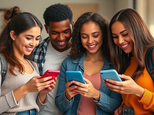 A diverse group of young adults, confidently looking at their smartphones, with financial charts and app interfaces subtly overlayed in the background, depicting easy and accessible small sum investing. Focus on diverse representation.