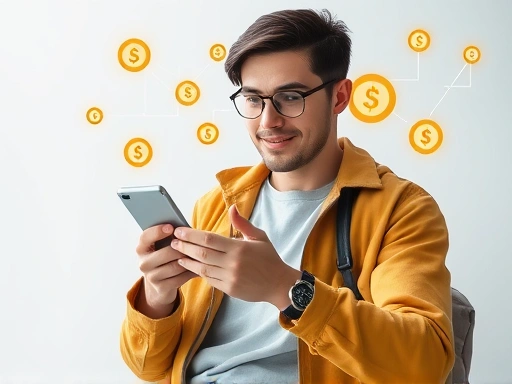 A person casually using a smartphone to earn money, with abstract digital elements like coins and data flow around them, depicting ease and flexibility, bright and modern.