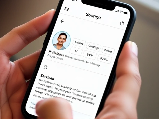 A close-up shot of a smartphone screen displaying a detailed Soomgo expert profile, showing a professional photo, portfolio snippets, and a clear service description, with hands lightly holding the phone. Emphasize detail and user experience.