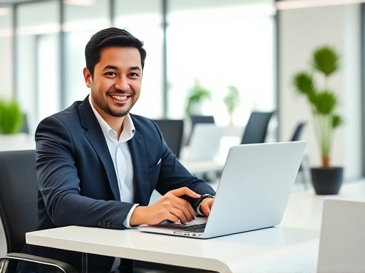 A professional male or female expert sitting at a modern desk, using a laptop and smartphone, smiling confidently, with a bright, clean office background, symbolizing successful online platform work and client management on Soomgo. Focus on technology and professionalism.