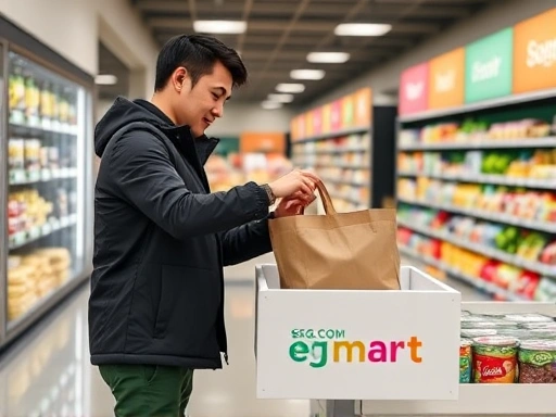 A person quickly picking up a neatly packed online grocery order at a designated SSG.COM Emart pickup counter, with modern grocery store aisles in the background, conveying efficiency and convenience.