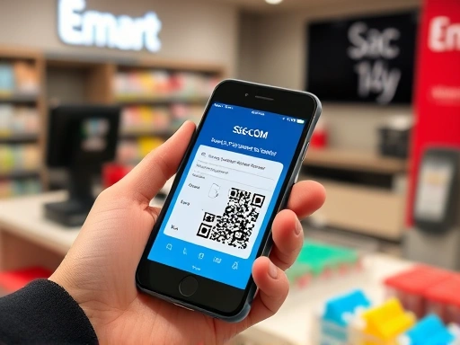 Close-up of a smartphone screen showing the SSG.COM app with a pickup confirmation QR code or number, held by a hand near an Emart customer service desk, highlighting the digital process and ease of collection.
