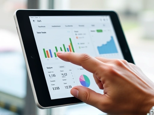 A close-up shot of a hand interacting with a digital dashboard on a tablet, displaying graphs and sales data, symbolizing the management and analytics of an SSG.com selling partner's online store. 