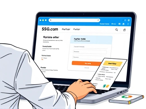 A detailed illustration of an online seller registering on the SSG.com partner website, showing a laptop screen with forms and documents, embodying the initial steps of e-commerce business setup for SSG selling partner. 