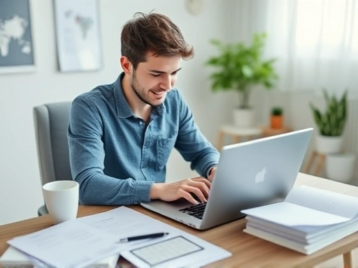A young professional working remotely on a laptop, surrounded by neatly organized documents and a cup of coffee, illustrating focused data entry work in a home office setting, bright and modern. (E-E-A-T)
