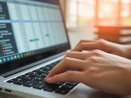 Close-up of hands quickly typing on a laptop keyboard, with a blurred spreadsheet or database interface on the screen, emphasizing the speed and precision of data entry with light focus and sharp detail. (E-E-A-T)